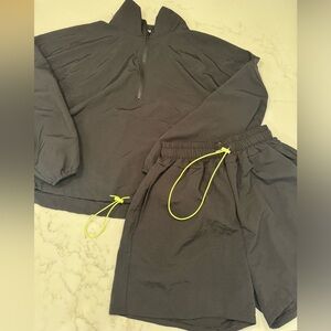 Oak + Fort black shorts & jacket with neon green string, jacket: S shorts: M
